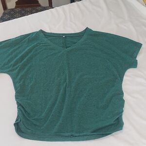 Women's Forest Green V-Neck Tee Short Sleeves .Raunched On The Sides .Size LARGE